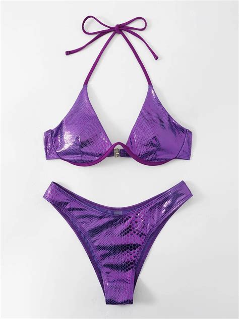 Ba Ador Bikini Con Aro Con Escama De Pescado Halter Morado Violeta