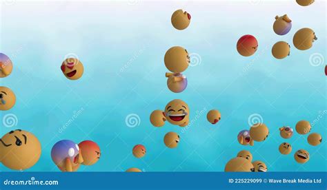 Digital Animation Of Multiple Face Emojis Floating Against Blue