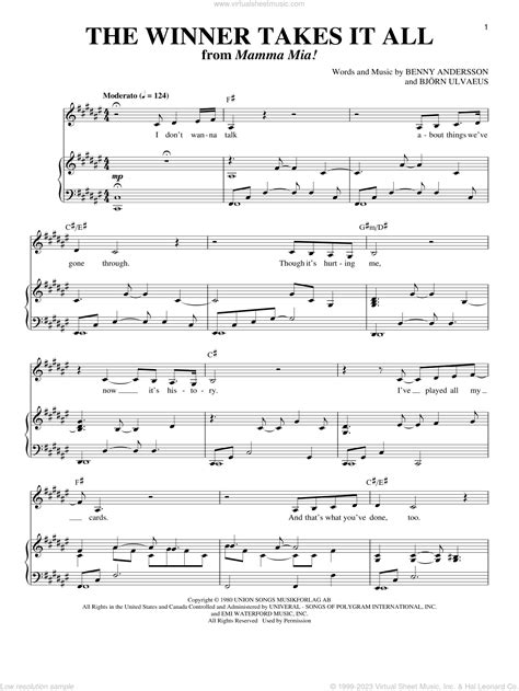 Abba The Winner Takes It All Sheet Music For Voice And Piano V2