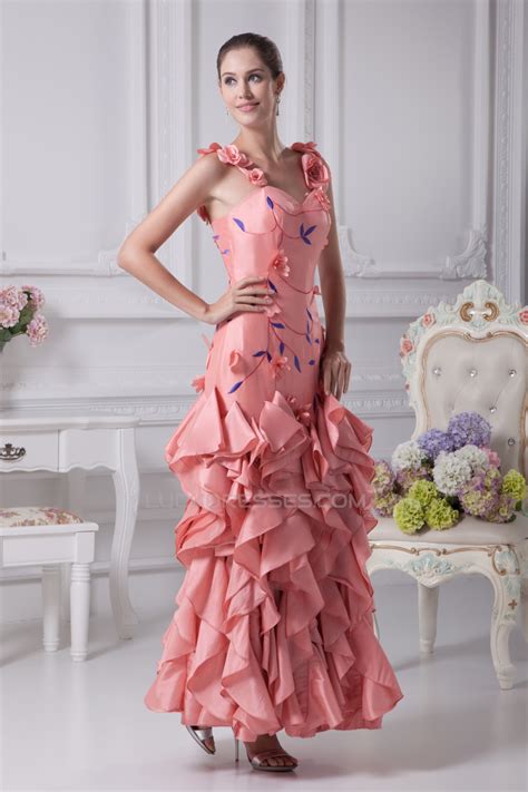 Floor Length A Line Cascading Ruffles Straps Prom Formal Evening