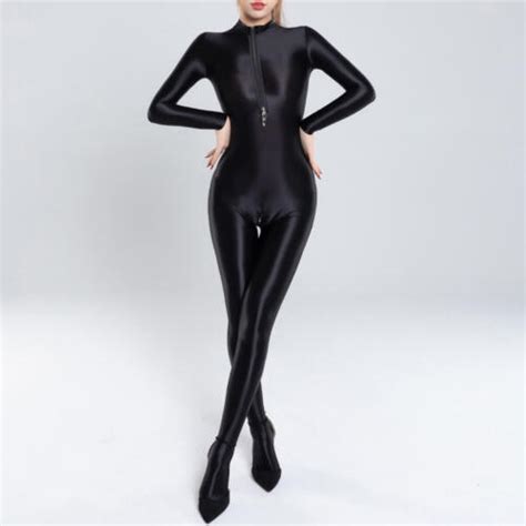 Women Shiny Satin Glossy Lingerie Bodysuit Zipper Jumpsuit Catsuit