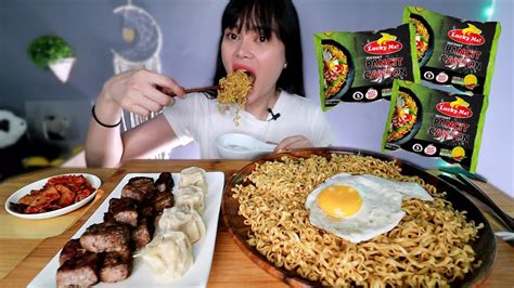 Lucky Me Pancit Canton With Wagyu Cubes And Siomai Mukbang Chili