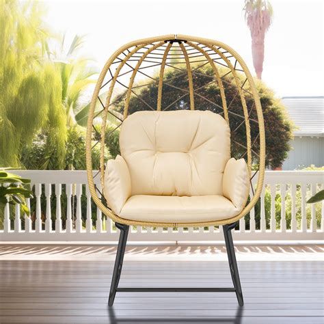 Dextrus Beige Egg Lounge Chair With Stand Pe Rattan Wicker Indoor