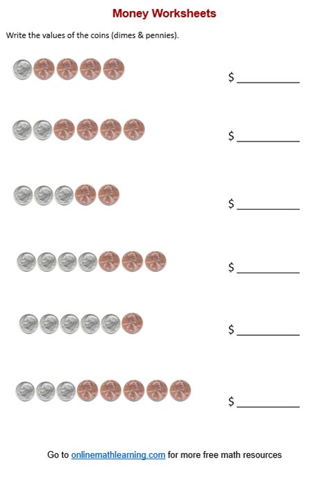 Counting Dimes & Pennies (worksheets, printable, online, answers ...