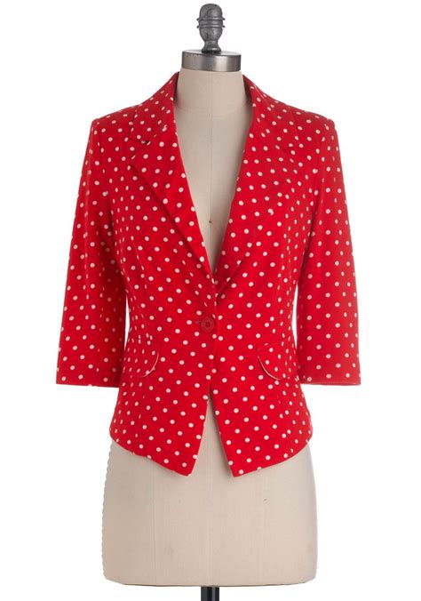 Giddy Things Done Blazer Short Red White Polka Dots Buttons Pockets 34 Sleeve Work 1