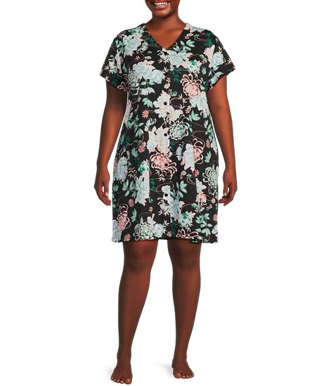 Miss Elaine Plus Size Interlock Knit Short Floral Snap Front Robe