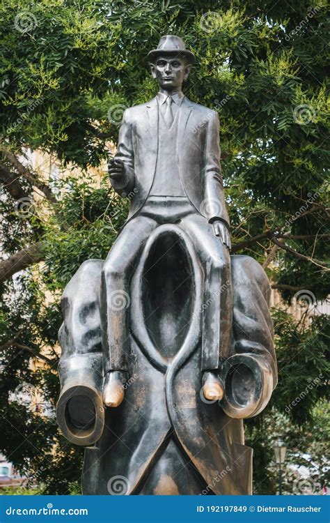 Statue Of Franz Kafka Riding A Headless Figure By Jaroslav Rona In