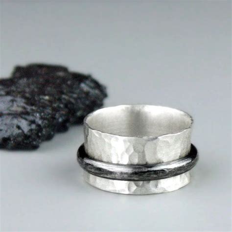 Hammered Silver Spinner Ring With Smooth Black Band Day And Etsy