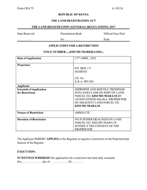 Form LRA 75 Restriction FORM Form LRA 75 R 81 1 REPUBLIC OF KENYA