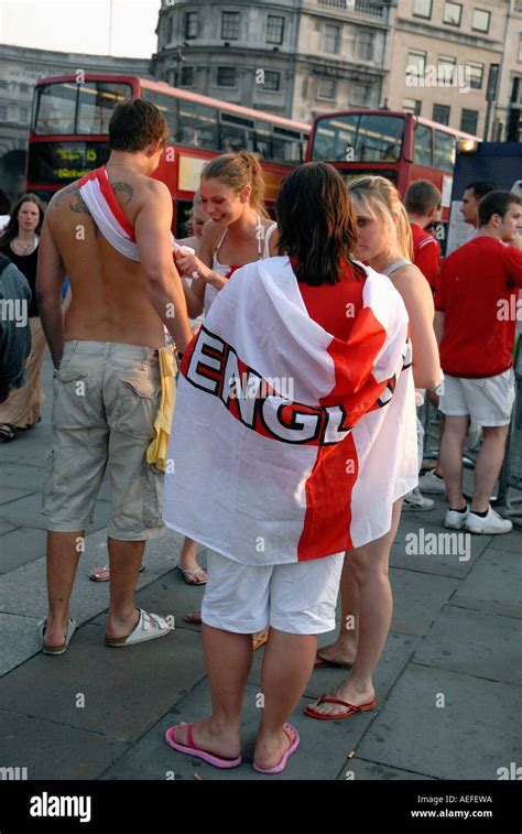 Female England Football Fans Dressed In English Flag During World Cup