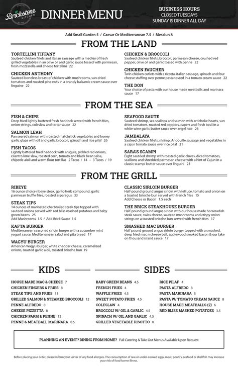 Menu Brickstone Kitchen Sutton Ma • 508 865 8650