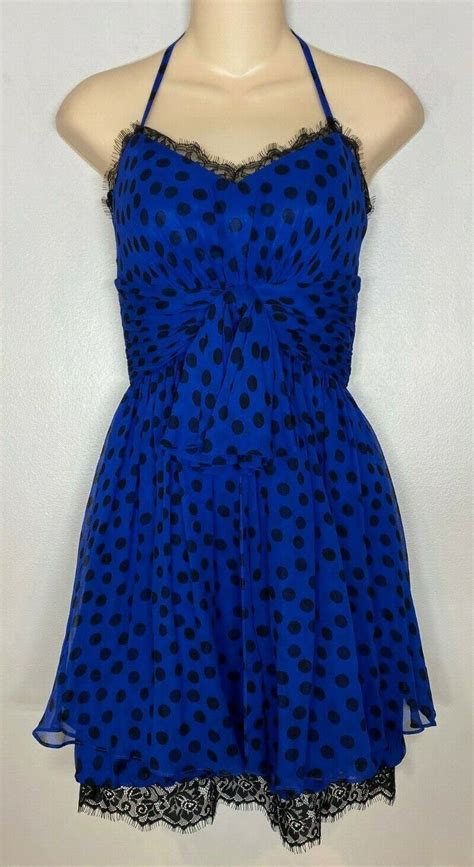 Jill Stuart Blue Halter Neck Polka Dot Lace Fit And Flare Dress Nwt Sz 2