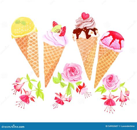 Ice Cream Cones And Flowers Watercolor Vector Design Object Stock