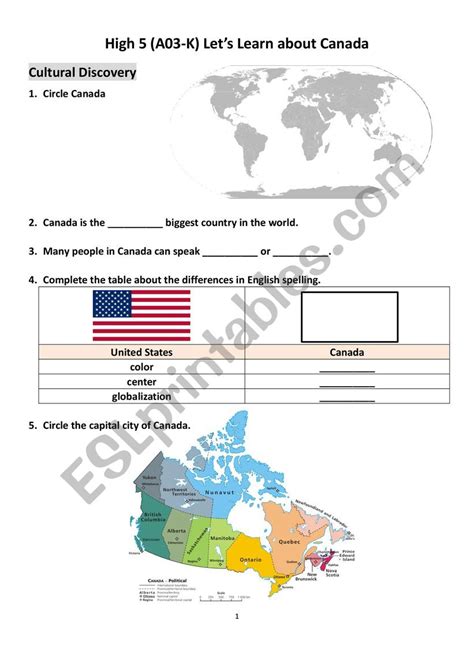 Canada Esl Worksheet By Jjshann7