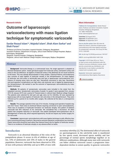 Pdf Laparoscopic Varicocelectomy With Artery Preserving And High Mass