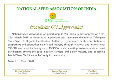 Tssoca As Model Seed Certification Authority In Country Awarded By Agriculture Secretary