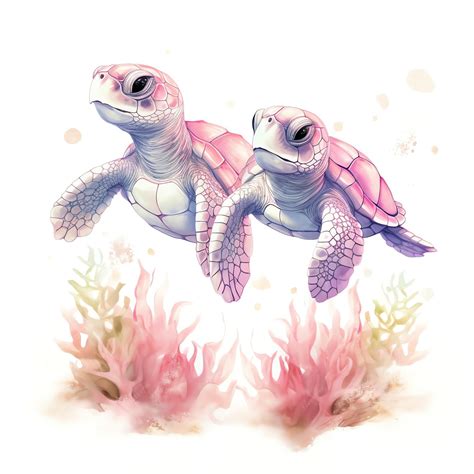 Premium Ai Image Beautiful Pink Elegant Sea Turtles Watercolor Under