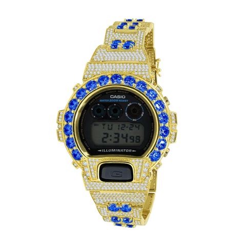 Pre Owned Casio Full Custom Gold Tone Blue Sapphire Simulated Diamond G