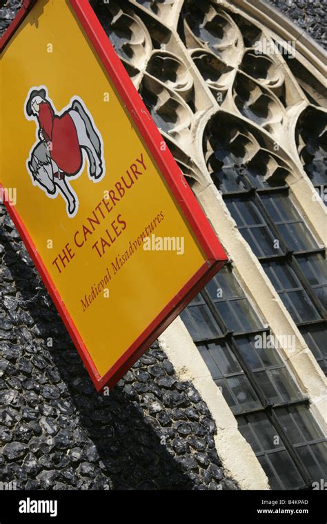 City of Canterbury, England. The sign outside the Canterbury Tales Museum dedicated to Geoffrey ...