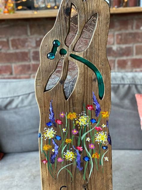 Dragonfly Garden Sculpture Stained Glass Reclaimed Wood Etsy Stained Glass Art Glass Garden