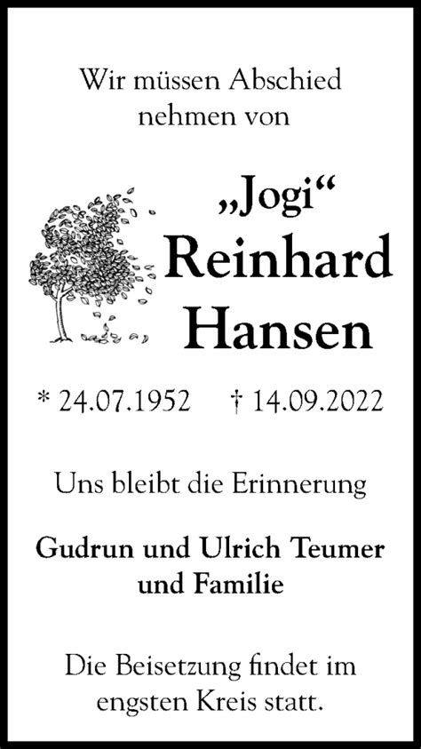 Traueranzeigen Von Reinhard Hansen Trauer Anzeigen De