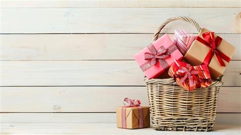 Premium Photo | A basket of gift boxes with a ribbon on it