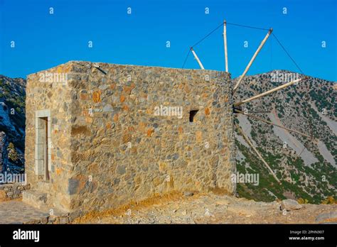 Windmills Of Seli Ambelou At Greek Island Crete Stock Photo Alamy