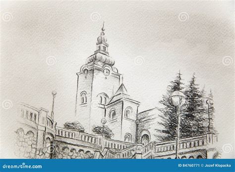 Church Dominant In The Old Town Pencil Drawing With Colorful Effect