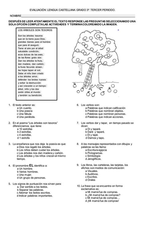 Evaluación lengua castellana grado 3º tercerperiodo PDF