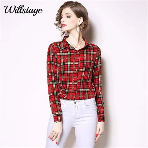 Willstage Red Plaid Shirts Women Fashion High Quality Blouse Long