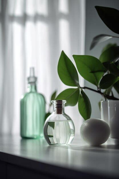 Una Botella De Perfume Se Sienta En Una Mesa Al Lado De Una Planta