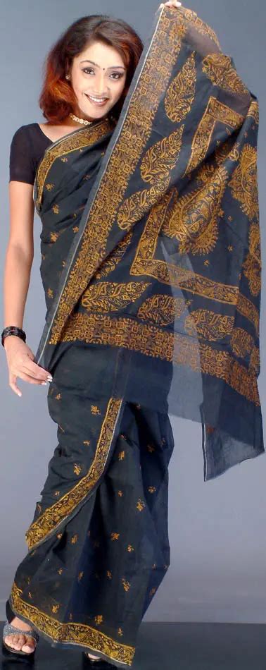 Black Kantha Stitch Sari Exotic India Art