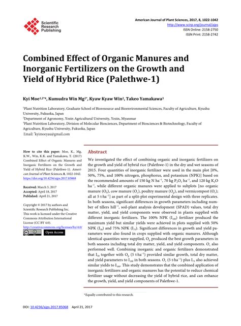 Pdf Combined Effect Of Organic Manures And Inorganic Fertilizers On