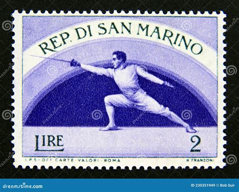 Postage Stamp San Marino 1954 Pro Sport Fencing Editorial Stock Image