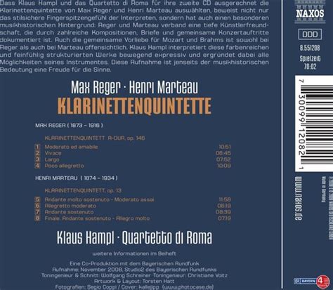 Hampl Quartetto Di Roma Reger Klarinettenquintette CD Quartetto