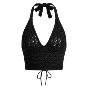 Naileksi Women Lace Up Backless Crochet Crop Halter Top Y2k Slim Fit