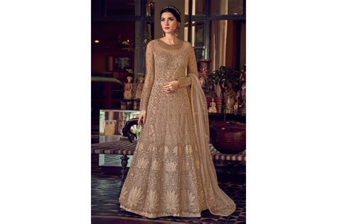 Beige Net Embroidered Long Anarkali Suit