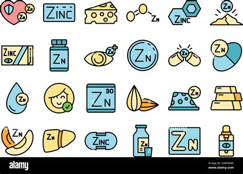 Zinc Icons Set Outline Vector Mineral Supplement Vitamin Food Stock