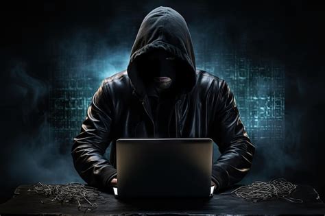 Premium AI Image Hacker Cyber Criminal With Laptop And Related Icons