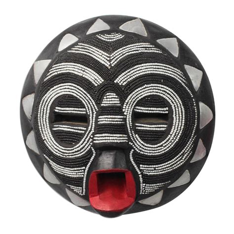 Black And White Glass Beaded African Wood Mask From Ghana Red Lips Novica