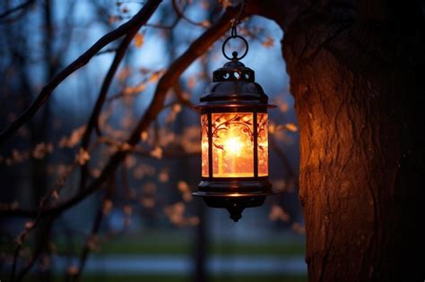 Premium AI Image | A closeup shot of a glowing lantern hanging from a park tree