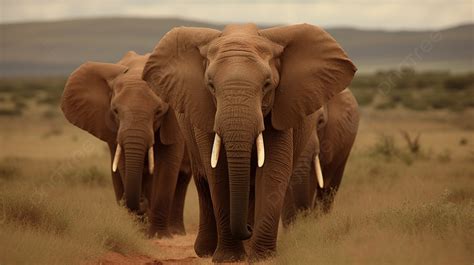 3 Group Of Elephants Walking Together Through A Field Background