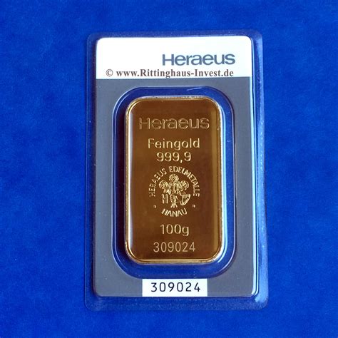 Goldbarren 100g Heraeus geprägt 100 Gramm 999 9 Feingold im Blister