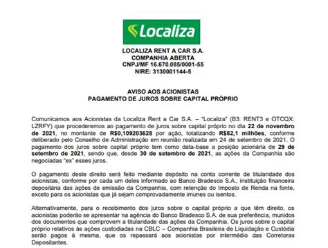 Localiza Anuncia R821 Mi Em Juros Sobre Capital Próprio Jcp