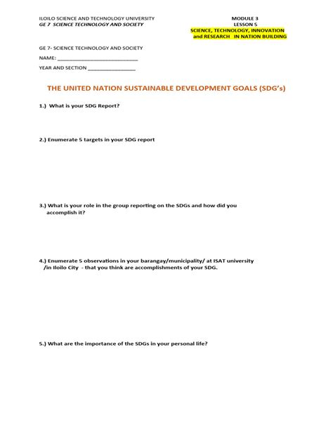 Worksheet On Sdg Report Pdf