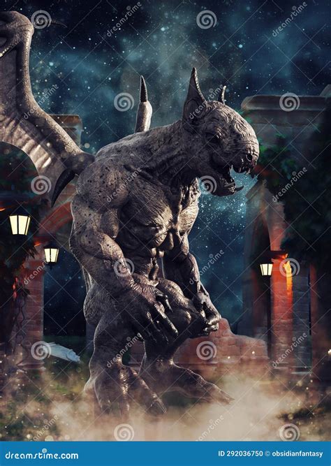 Fantasy Gargoyle in Old Ruins at Night Stock Illustration