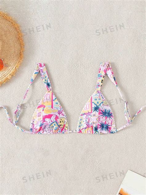 Shein Swim Vcay Parte Superior De Bikini Con Estampado De Rbol De Coco