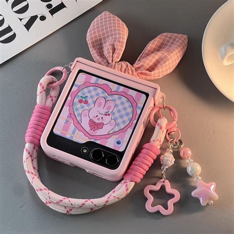 Samsung Z Flip 5 Z Flip 6 Hard Case With Built In Screen Protector Pink Bow Star Keychain And