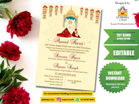 EDITABLE Anand Karaj Invite Sikh Wedding Invitation Punjabi Weddings