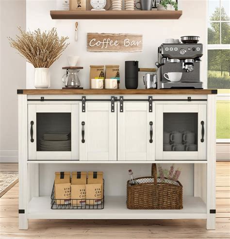 Catrimown White Farmhouse Coffee Bar Cabinet For Living Room Dining